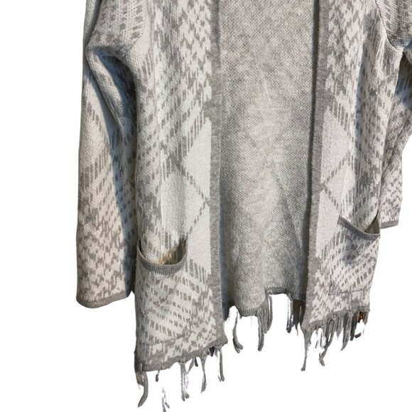 Adrienne Vittadini Gray Fringe Cardigan Sweater LARGE | Geometric Knit Boho Cozy - Picture 2 of 6